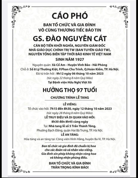 Thông tin về Lễ viếng và lễ truy điệu GS. Đào Nguyên Cát, nguyên Tổng biên tập Thời báo Kinh tế Việt Nam